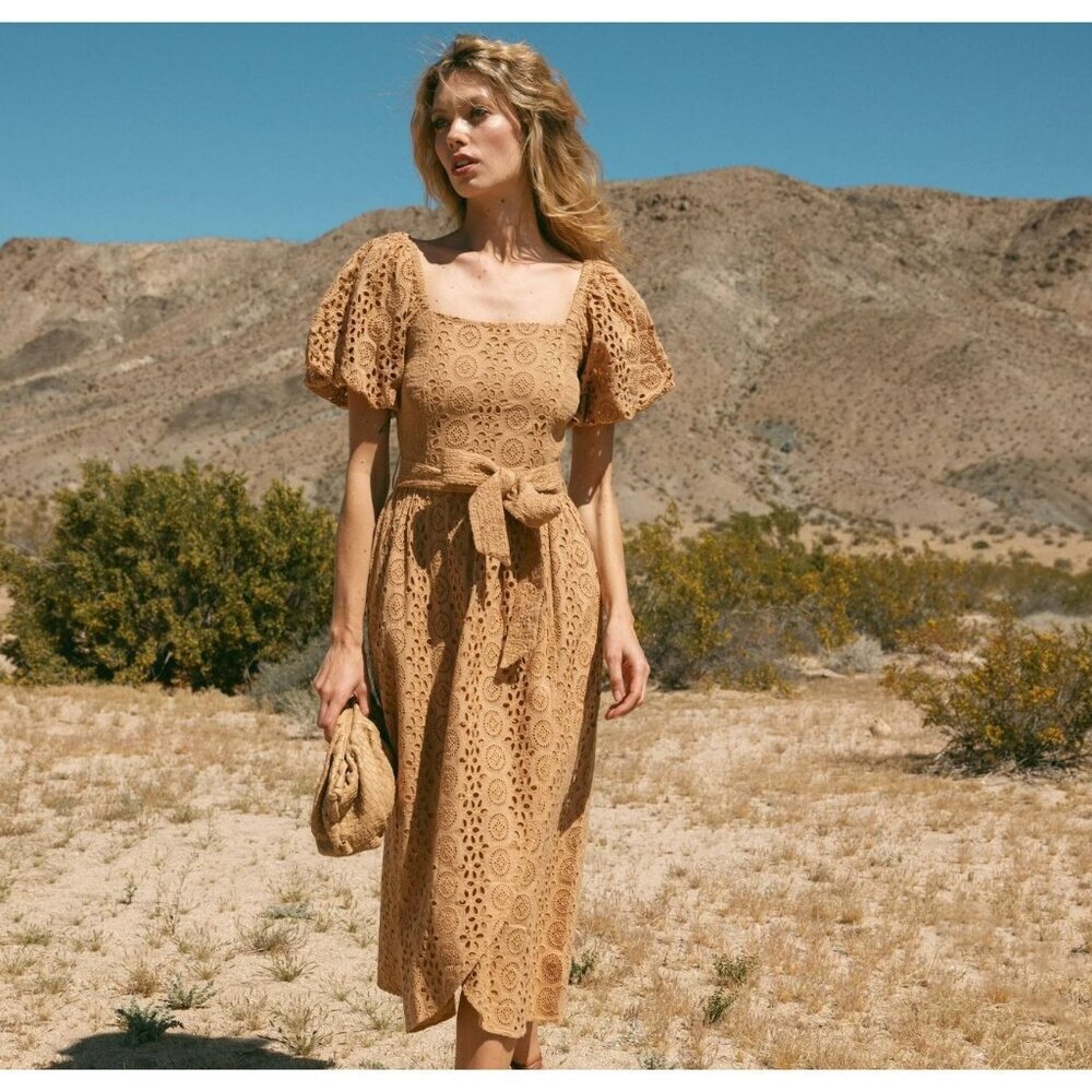 Cleobella The Seraphina Midi Dress Eyelet Tan Yellow Size M - Picture 1 of 6